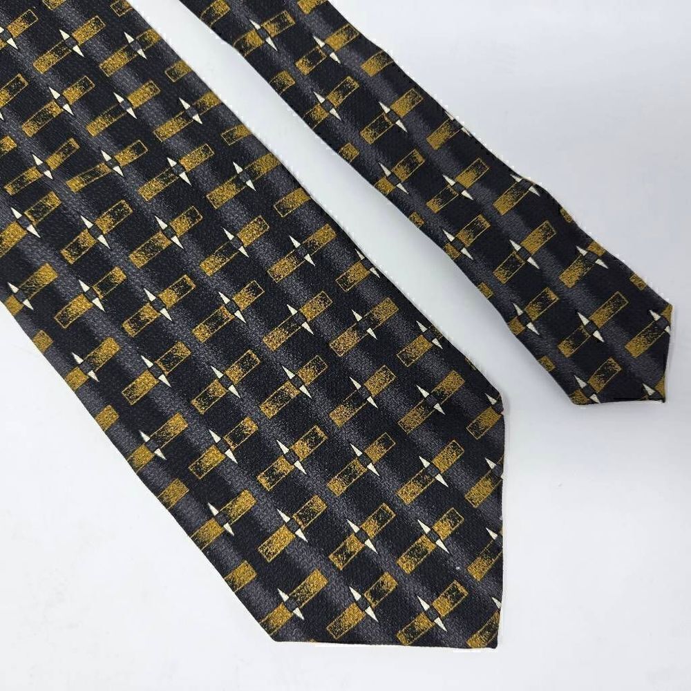 FORMAT MADE IN JAPAN SILK TIE BLACK GRAY GOLD GEOMETRIC PATTERN 4" X 57"